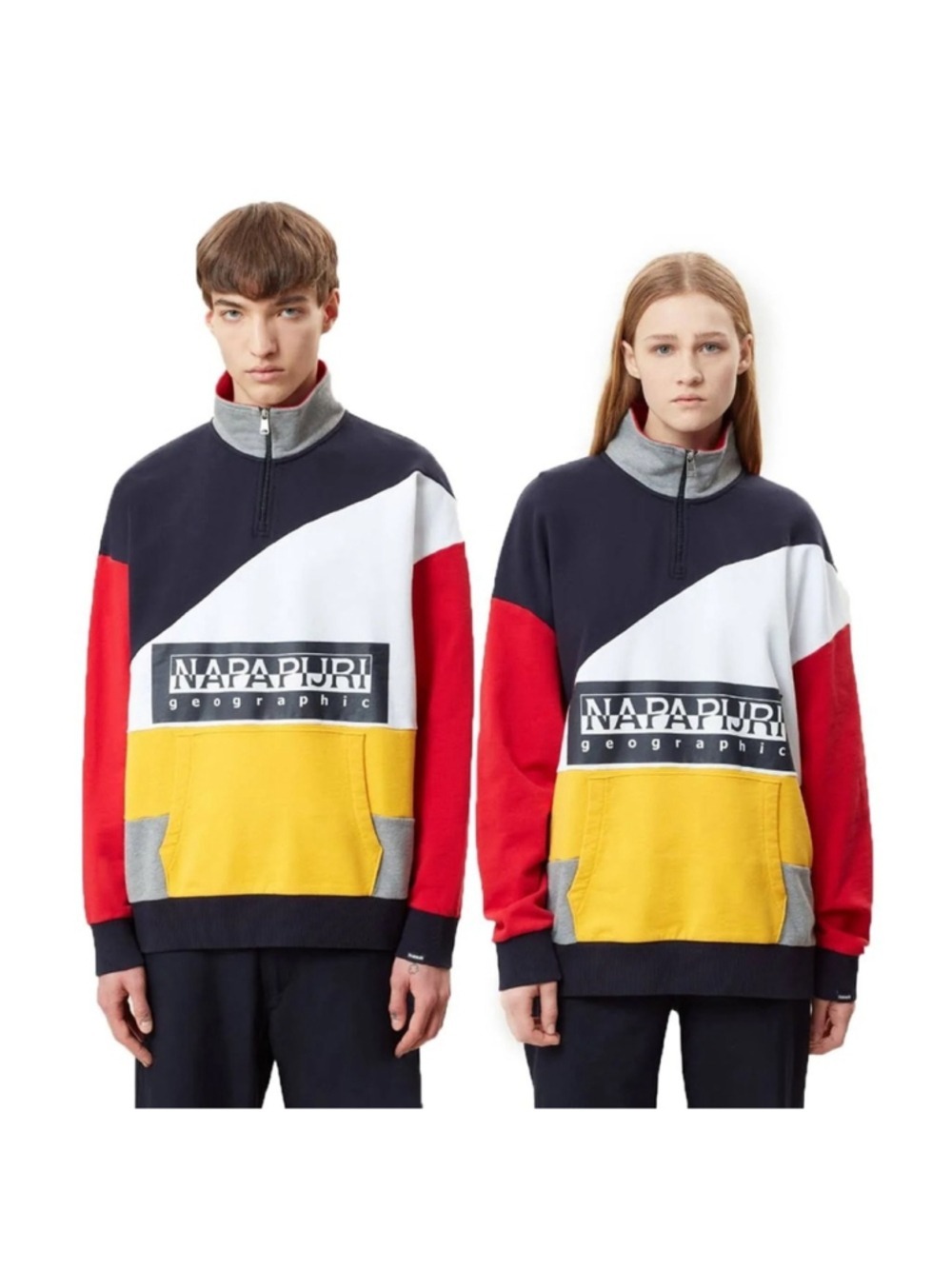 Napapijri Bek Color Block Quarter Zip 100% Cotton Kangaroo Pocket Sweatshirt- M